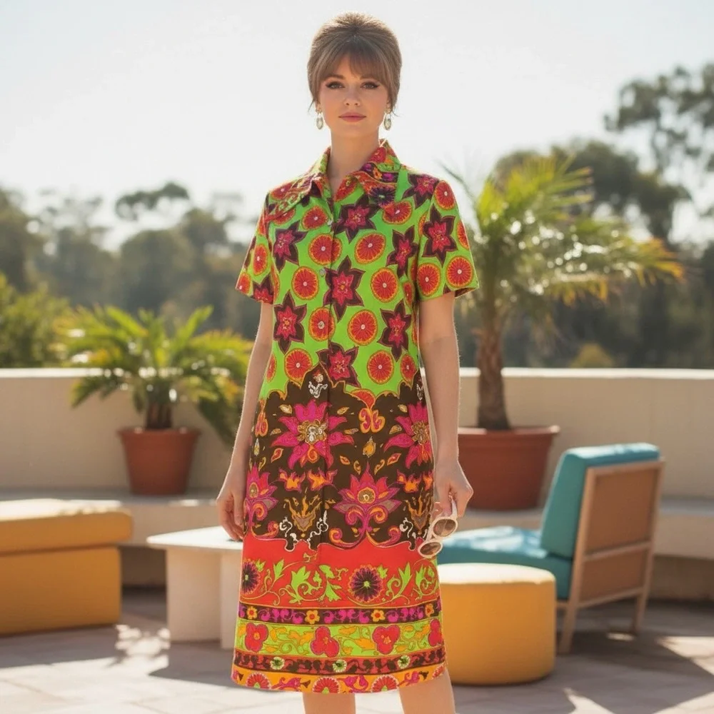 Vintage 1960s Mod Psychedelic Neon Green Floral Pattern Mod Shirt Dress S/M - Picture 6 of 14